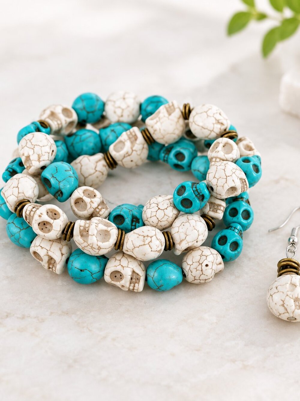 Goth Set of Jewelry with Turquoise & White Skulls - 3 Bracelets and Earring
